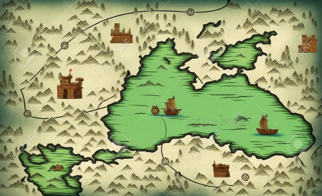 Средневековая картография, старая пиратская карта сокровищ, векторные иллюстрации