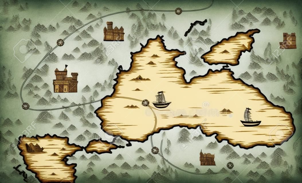 Cartographie médiévale, ancienne carte au trésor de pirate, illustration vectorielle