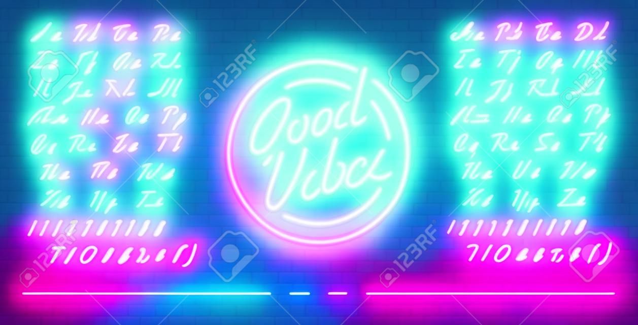 Neon futuristic font, luminous blue and pink uppercase and lowercase letters, colorful bright neon hand drawn typeface, glowing sign Good vibes, vector illustration