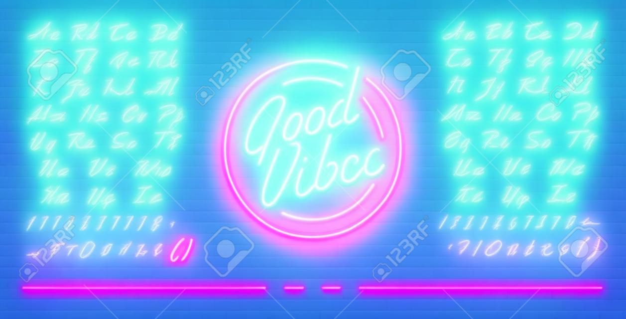 Neon futuristische lettertype, lichtgevende blauwe en roze hoofdletters en kleine letters, kleurrijke heldere neon hand getrokken lettertype, gloeiend teken Goede vibes, vector illustratie