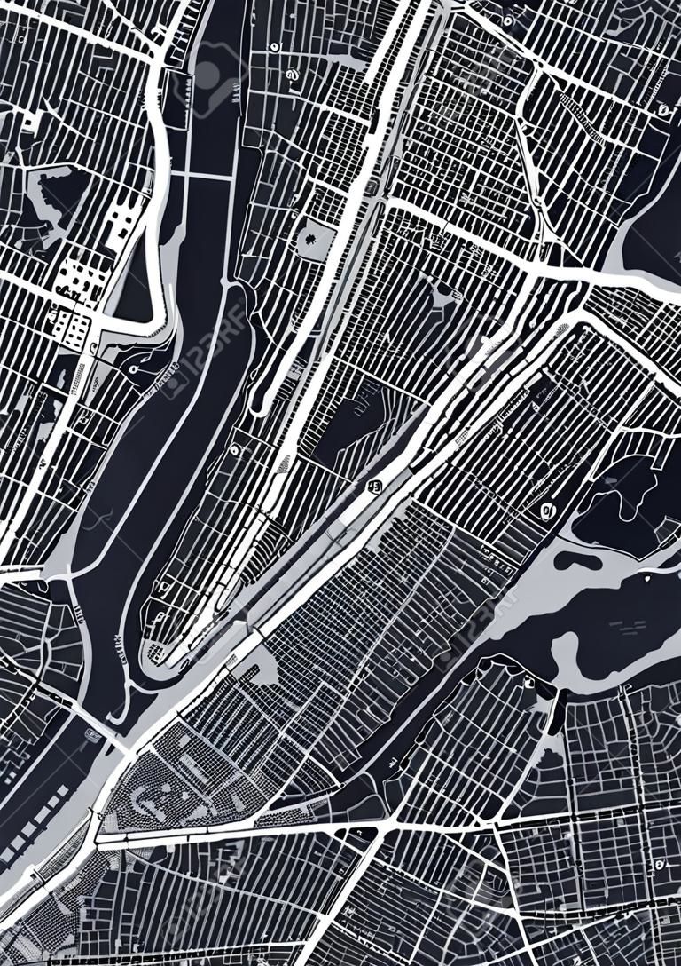 Detailed borough map of Manhattan New York city, monochrome vector poster or postcard city street plan aerial view