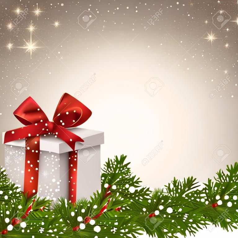 Christmas backgrounds with fir twigs and gift box. Vector illustration. 