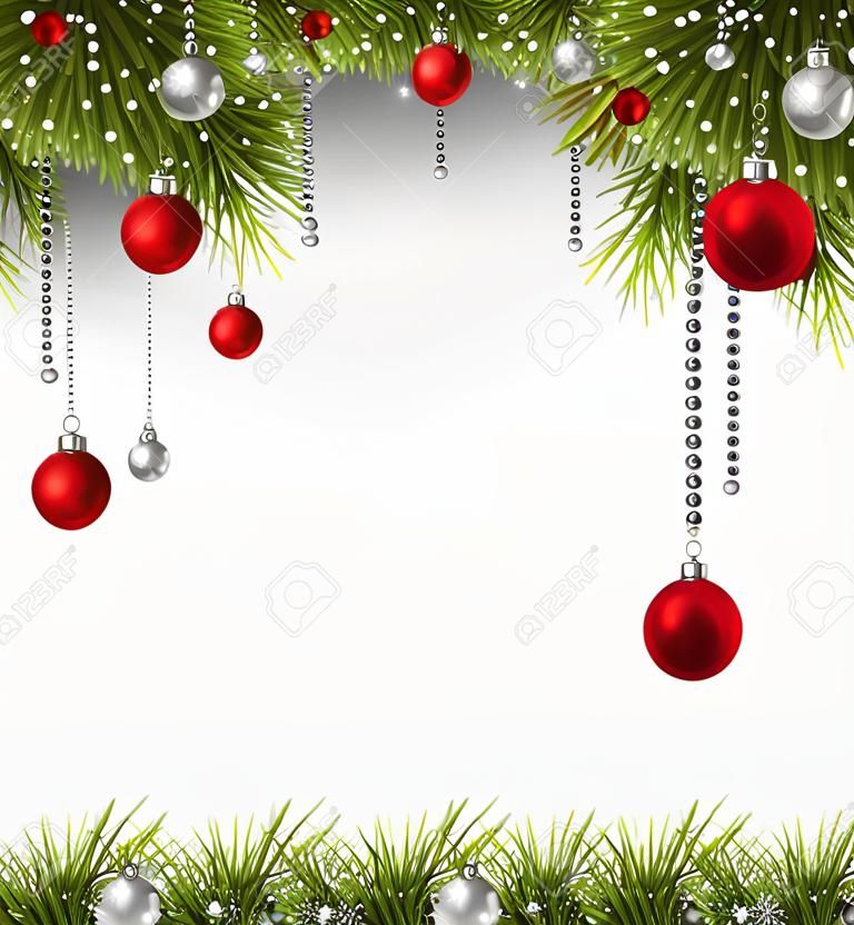 冬天的背景与云杉枝和红的小玩意圣诞节矢量框架