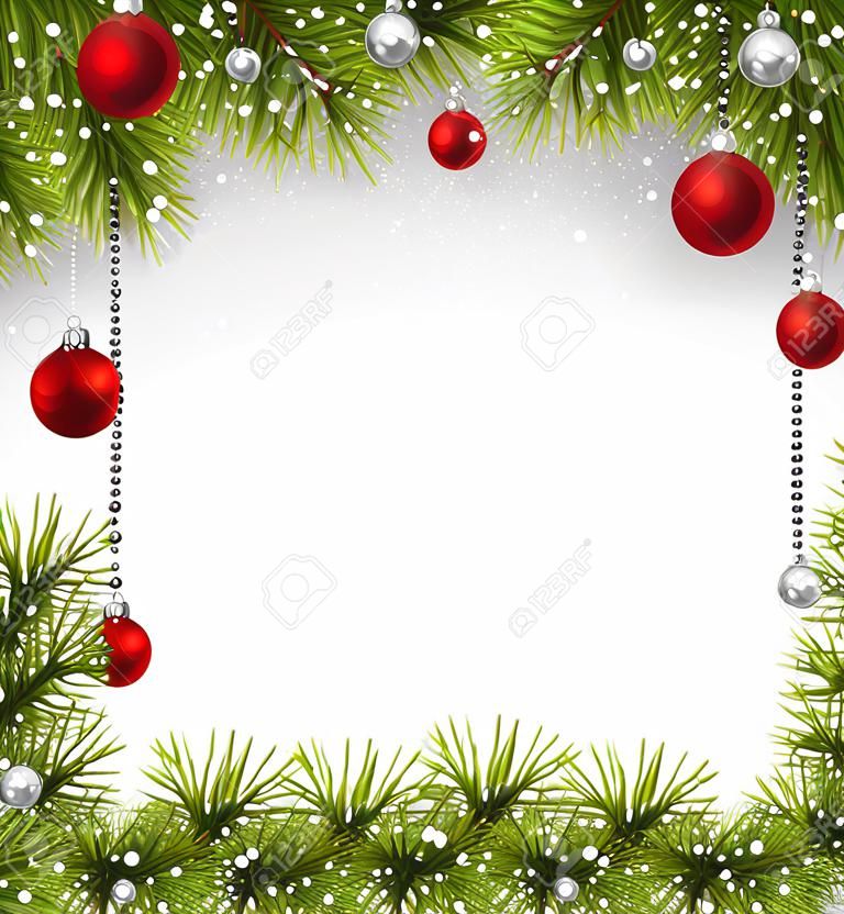 Winter background with spruce twigs and red baubles. Christmas vector frame. 