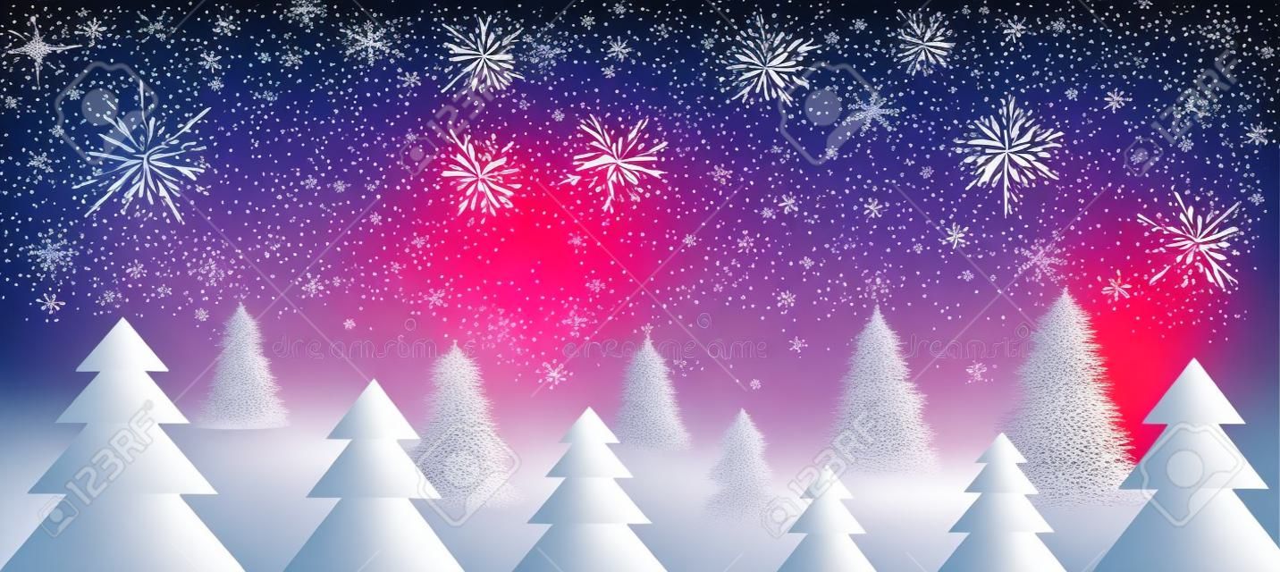 New Year banner with original red Christmas trees. Vector illustration.