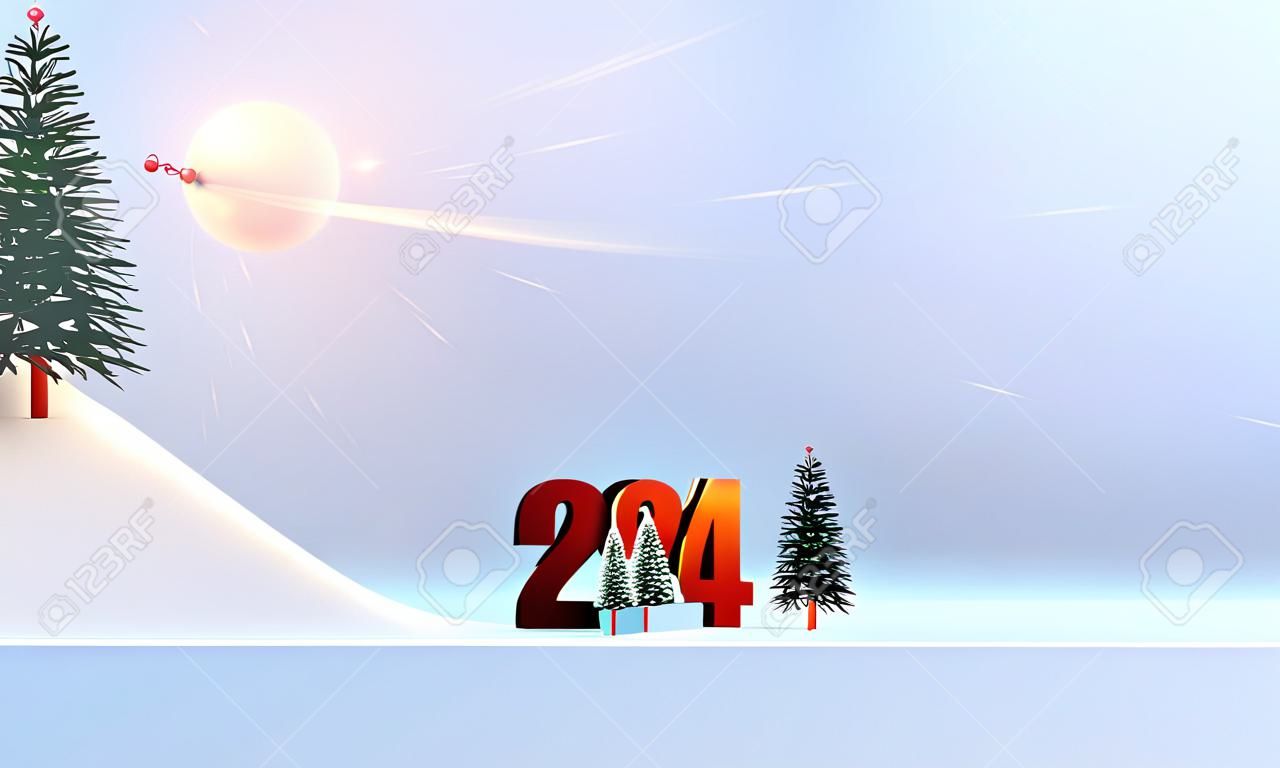Streszczenie tło nowego roku 2024 z 3d pudełkiem na prezent i ilustracją wektorową jodły