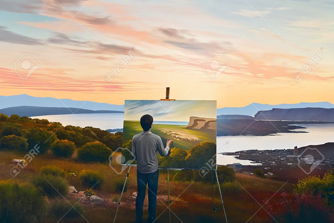 Artista che dipinge un paesaggio con vista panoramica sulla natura al tramonto, un giovane che si esprime nell'arte generativa ai