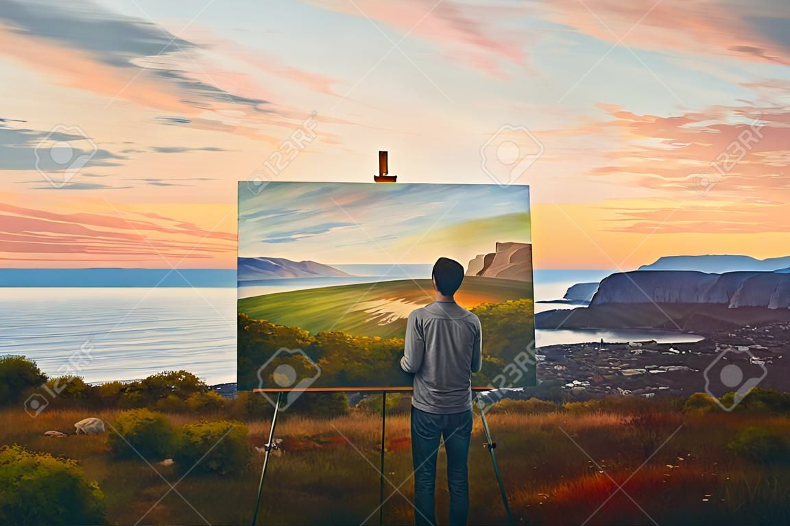 Artysta malujący krajobraz, malowniczy widok na przyrodę o zachodzie słońca, młody człowiek wyrażający się w sztuce generatywnej AI
