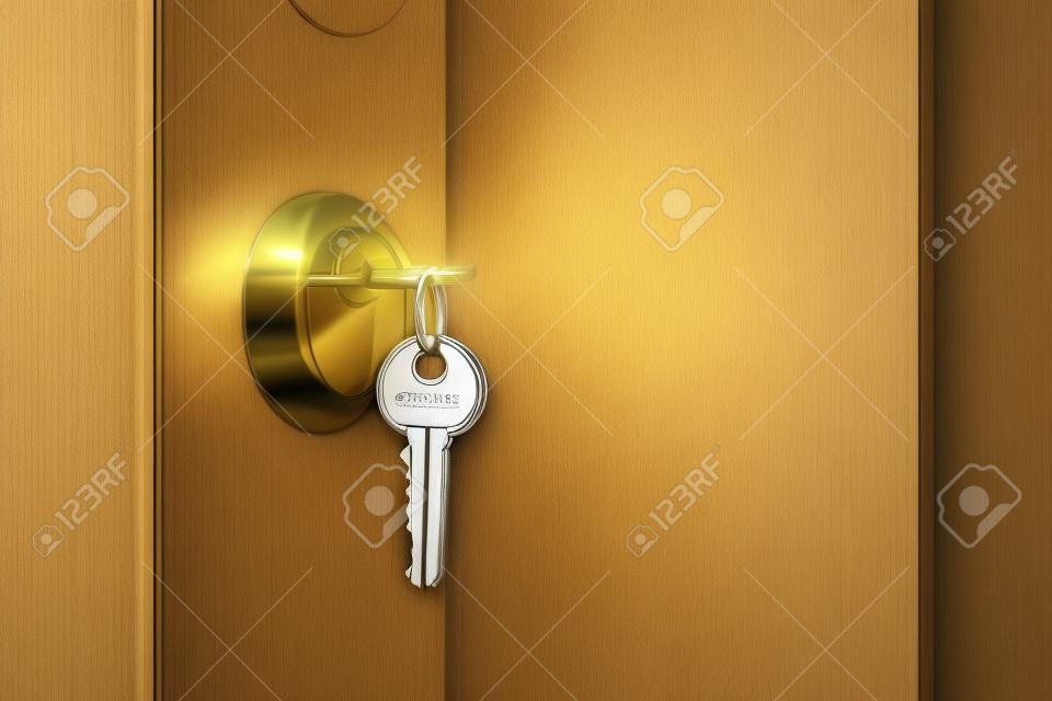 Ouvrir la porte avec les clés, clé de serrure, chambre en arrière-plan.