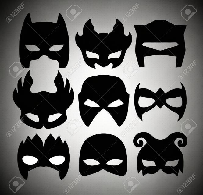 máscaras de superhéroes de carácter cara en negro. máscara de la silueta en blanco.