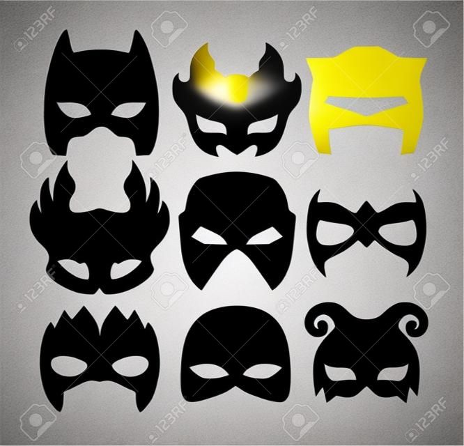 máscaras de superhéroes de carácter cara en negro. máscara de la silueta en blanco.