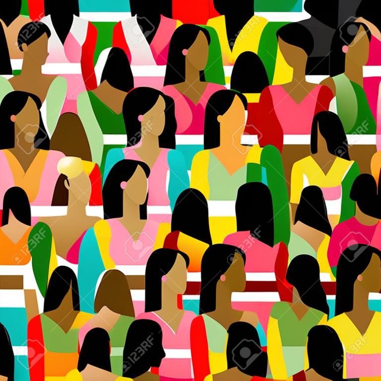 Vektor nahtlose Muster mit einer großen Gruppe von Mädchen und Frauen. flache Darstellung der weiblichen Gemeinschaft.