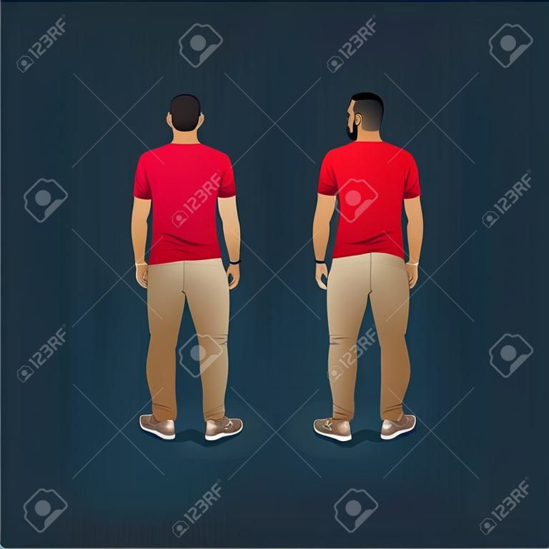 vector fashion illustration of men wearing pants, trainers and t-shirt (front and back view)
