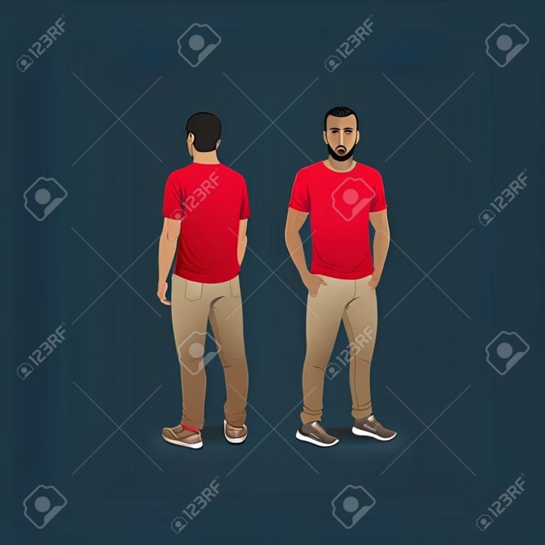 vector fashion illustration of men wearing pants, trainers and t-shirt (front and back view)