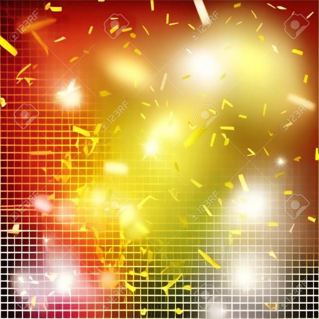 Golden Confetti. Vector Festive Illustration of Falling Shiny Confetti Isolated on Transparent Checkered Background. Holiday Decorative Tinsel Element for Design