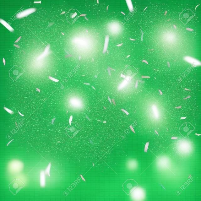 Green Confetti. Vector Festive Illustration of Falling Shiny Confetti Glitters Isolated on Transparent Checkered Background. Holiday Decorative Tinsel Element for Design