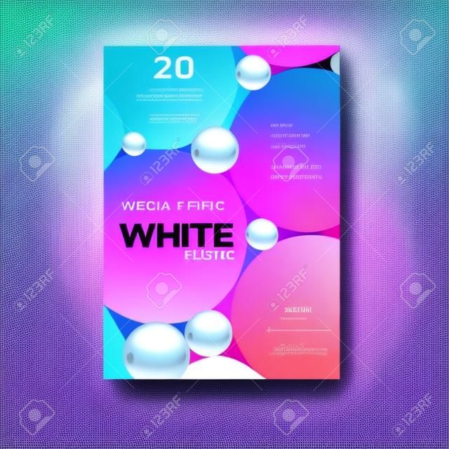Electronic music festival. Modern posters design. White party flyer. Abstract background with 3d spheres. Vector illustration of flowing balls or particles. Club invitation template.