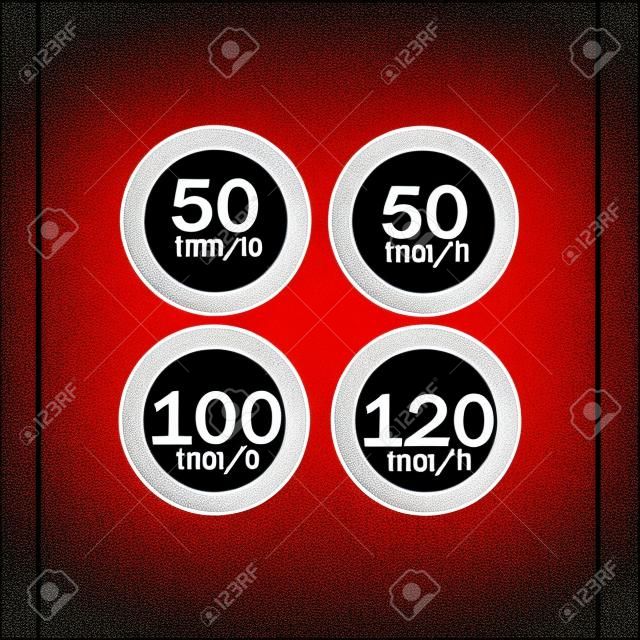 Set of speed limit road signs. Set of generic speed limit signs for maximum speed at 5 10 15 20 30 40 50 60 70 80 90 and 100 kilometers per hour. With black numbers in red circle.