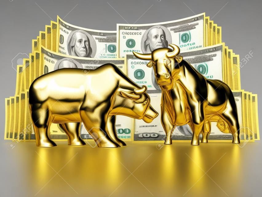 La imagen del toro y el oso de oro, en el contexto de billetes de dólares en un fondo gris