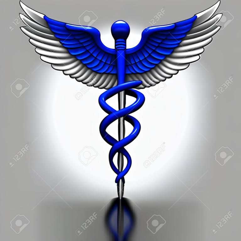Blue Medical caduceo símbolo en una superficie de color negro brillante.
