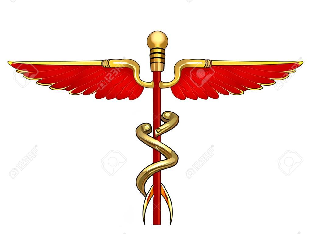 Red caduceus medical symbol isolated on a white background.