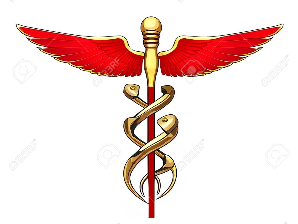 Red caduceus medical symbol isolated on a white background.