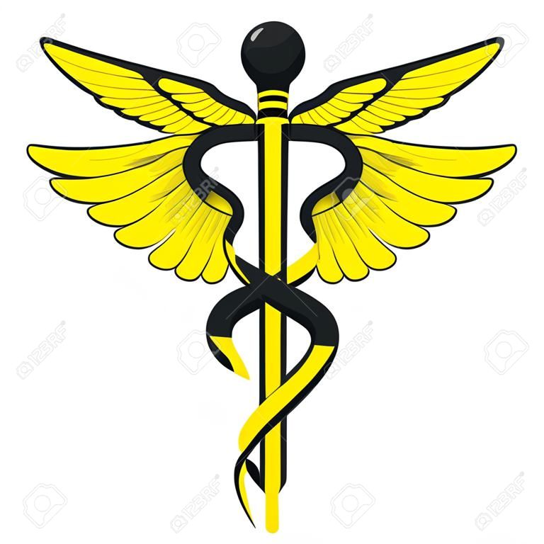 Médico símbolo del caduceo de color amarillo y negro. Aislado sobre fondo blanco.