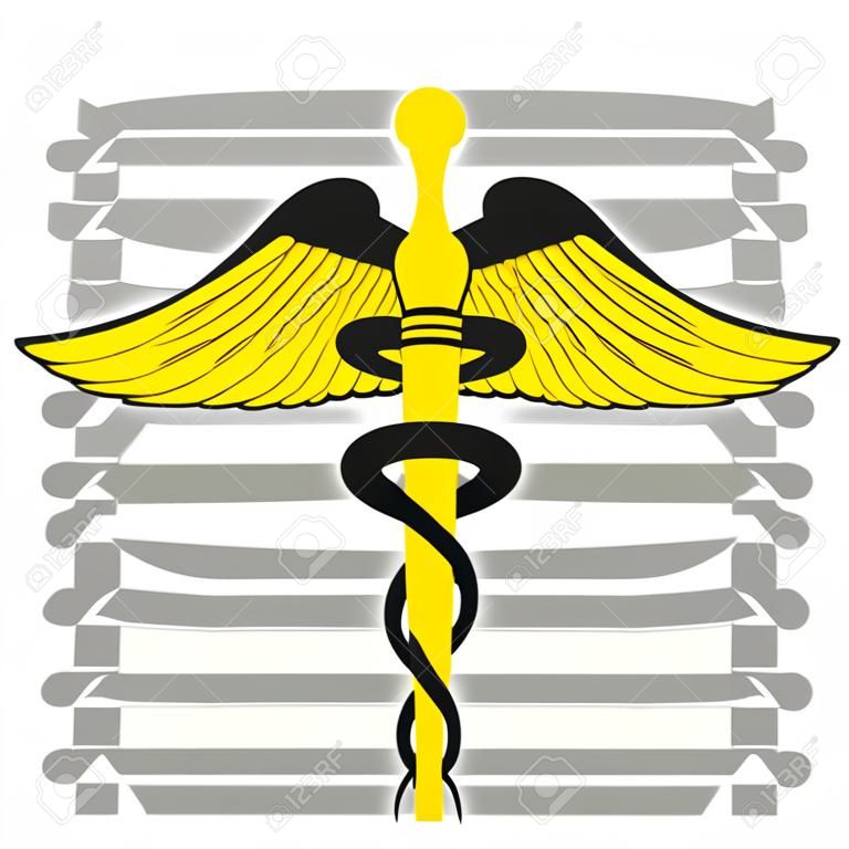 黄色と黒の色で医療カドゥケウスのシンボルです。白い背景で隔離されました。