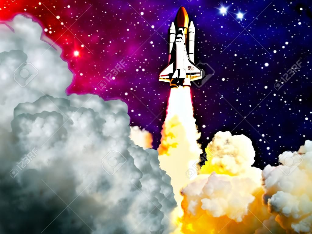 Raketenstart. Rakete mit Rauch fliegt in den Weltraum. Space Shuttle. Raumschiff beginnt die Mission.