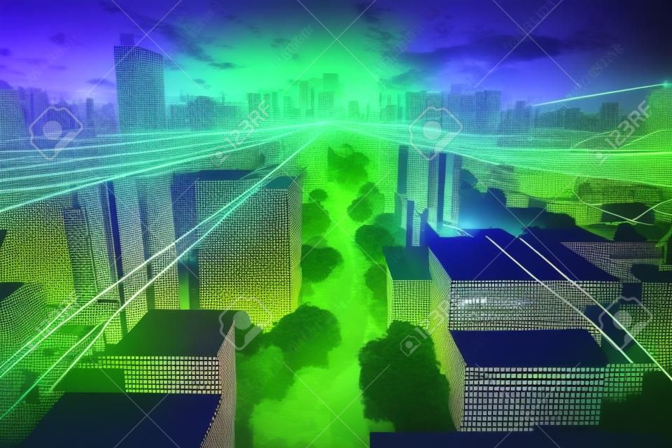 Network connection and city scape concept. City abstract line background at night. Generative AI
