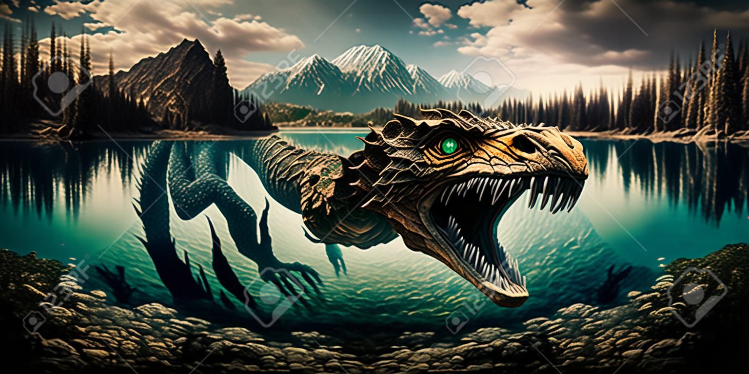 Créature mystique émergeant d'un lac ai génératif