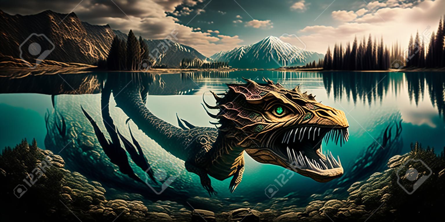 Créature mystique émergeant d'un lac ai génératif