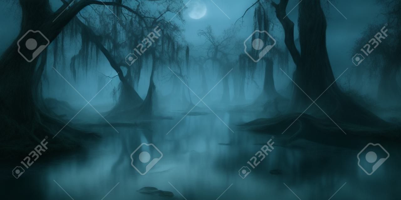 Verfluchter Sumpf mit verkrümmten Bäumen und trübem Wasser, mit gespenstischen Erscheinungen und einem Vollmond, der ein unheimliches Leuchten ausstrahlt und ein Gefühl von Angst und Vorahnung hervorruft.