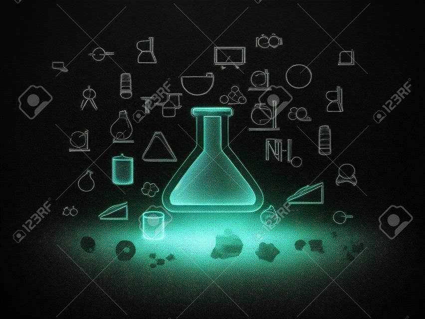 Wissenschaftskonzept: Glühende Flaschenikone in der Schmutzdunkelkammer mit schmutzigem Boden, schwarzer Hintergrund mit Hand gezeichneten Wissenschafts-Ikonen