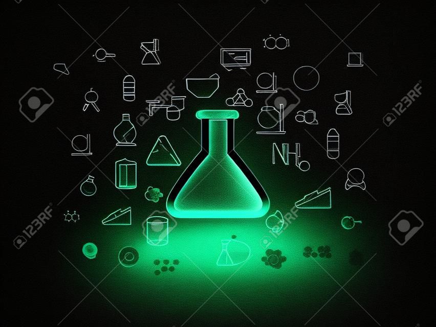 Wissenschaftskonzept: Glühende Flaschenikone in der Schmutzdunkelkammer mit schmutzigem Boden, schwarzer Hintergrund mit Hand gezeichneten Wissenschafts-Ikonen