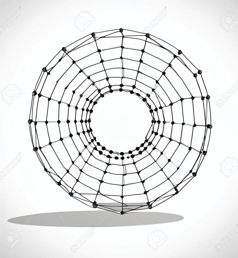 Abstract geometry shape: Black sketched Torus with Transparent Shadow. Hand drawn 3D polygonal Torus. EPS 10, vector illustration.