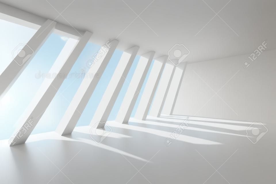 3d illusztráció od White Interior Design. Üres szoba ablak és oszlopok. Absztrakt építészet háttérkép