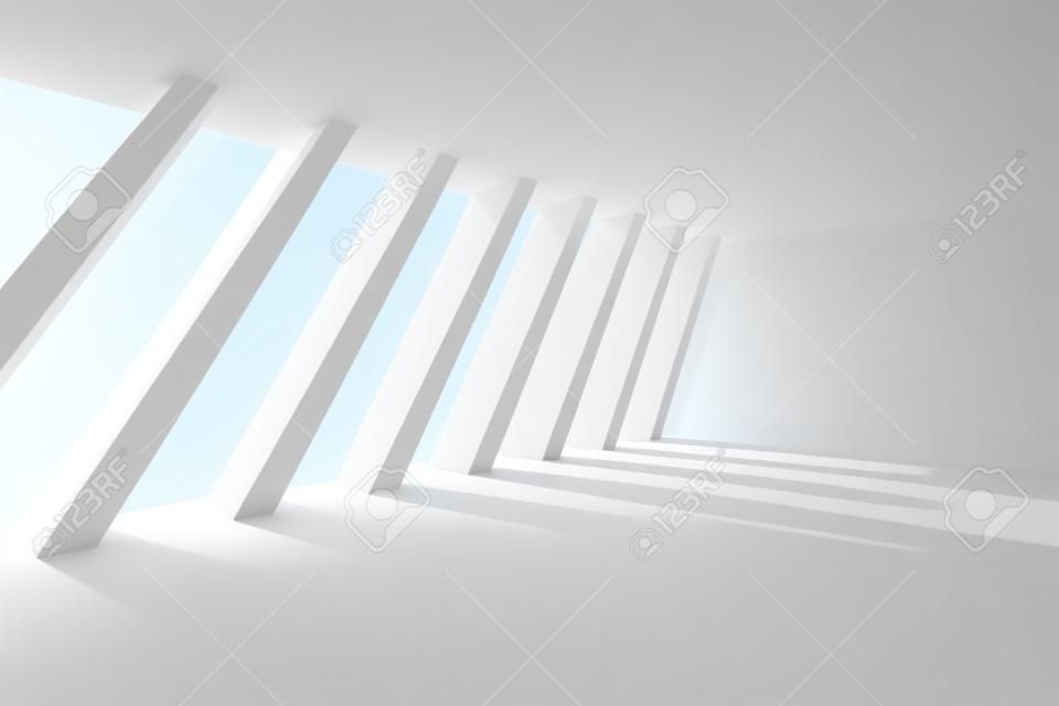 Ilustracja 3d z białego projektu wnętrz. Pusty pokój z oknem i kolumnami. Abstrakcyjne Tło Architektury