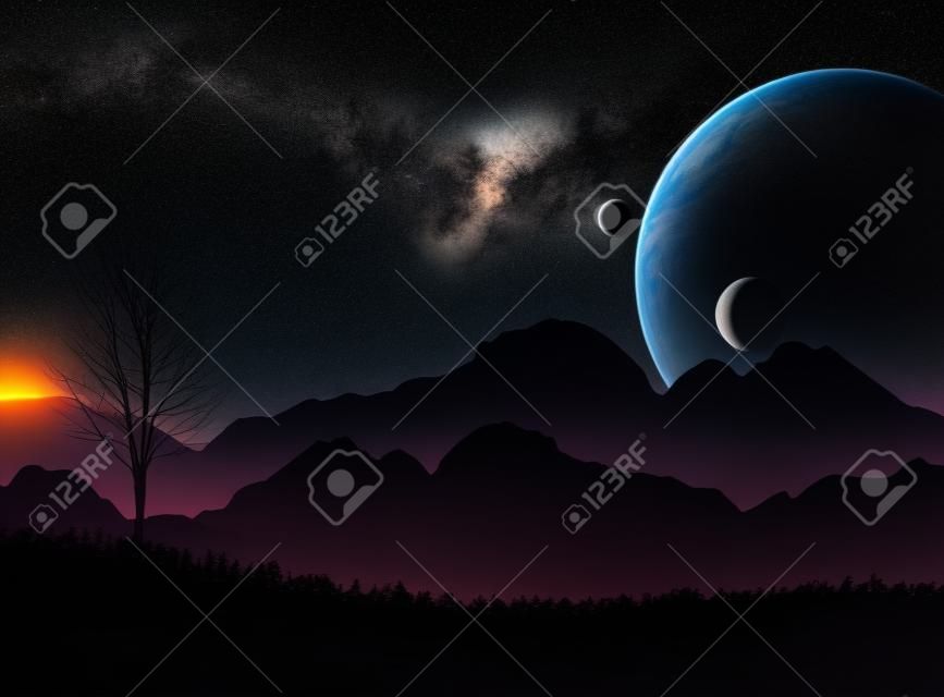 SF spazio cielo notturno con le montagne silhouette e pianeti vicini