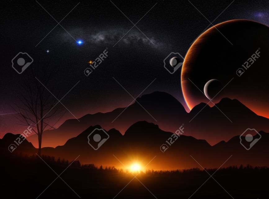 SF spazio cielo notturno con le montagne silhouette e pianeti vicini