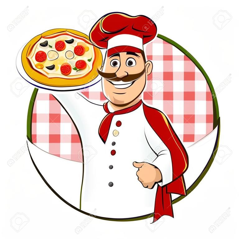Cook Pizza. Vector illustration beyaz bir arka plan üzerinde izole