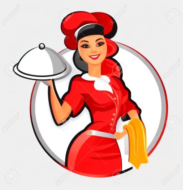 Mulher cozinha restaurante. Ilustração vetorial isolada em um fundo branco.