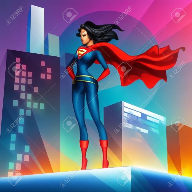 Super woman standing over the city