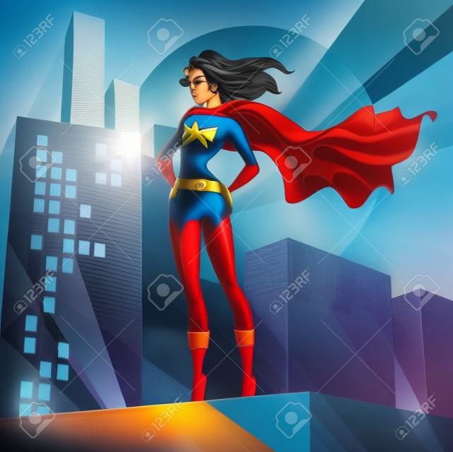 Super woman standing over the city