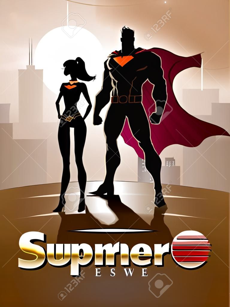 Plakat. Superhero Para: Samce i samice superbohaterów, stwarzające przed światłem. Miasto tła.