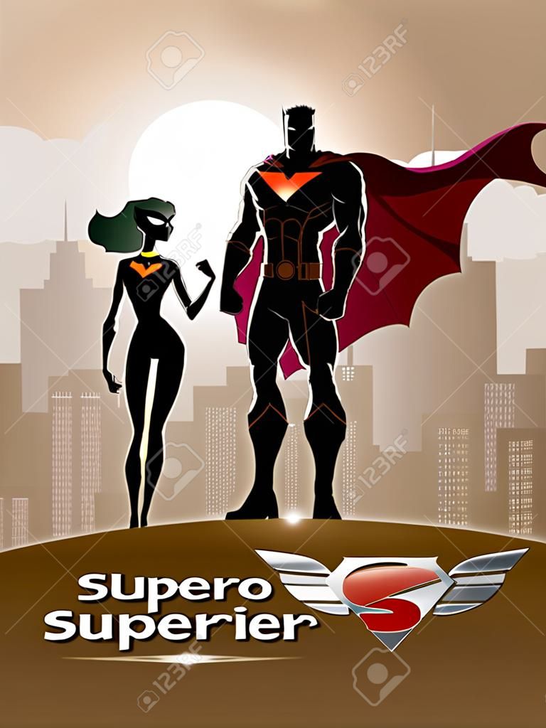 Plakat. Superhero Para: Samce i samice superbohaterów, stwarzające przed światłem. Miasto tła.