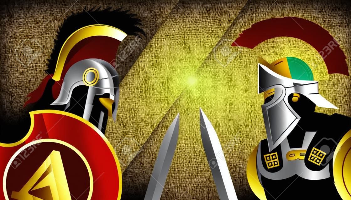 Guerrero espartano griego contra el soldado de Trojan que sostiene el escudo y la espada - ilustración del vector.