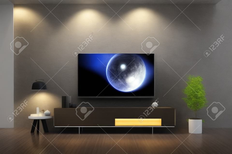 Immagini Stock - TV LED Sulla Parete Scura Del Soggiorno, Design Minimale, Rendering  3d. Image 152915338