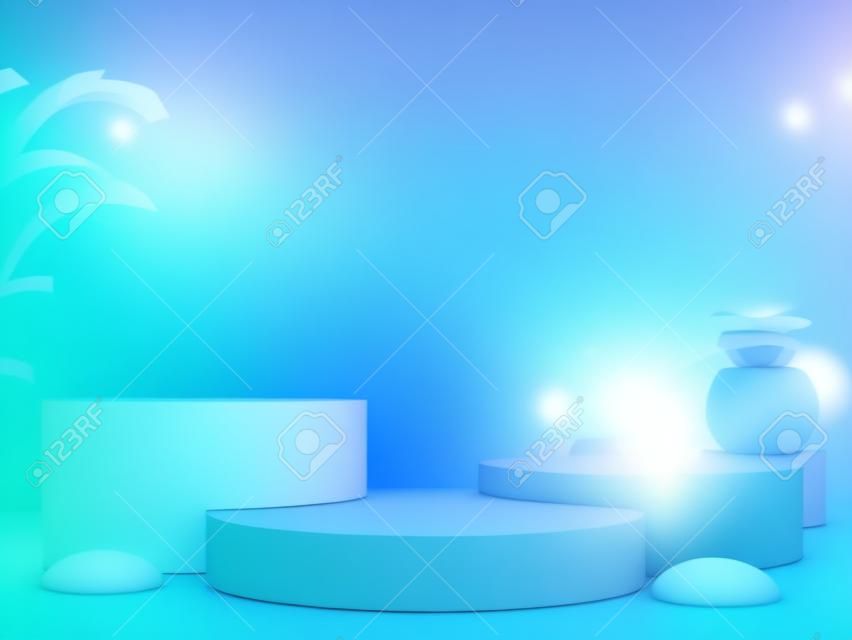 Composition abstraite du podium gagnant avec fond bleu, rendu 3d