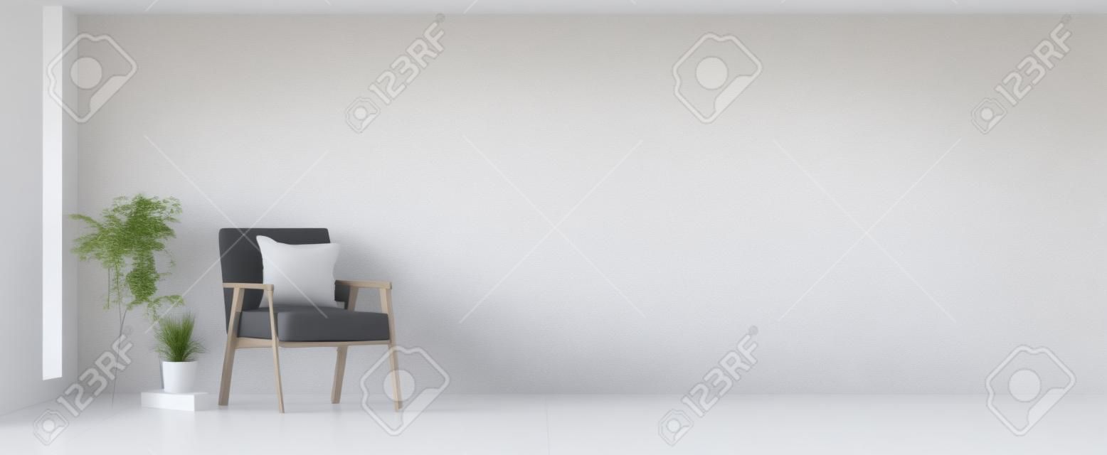 Modern minimalist interior with an armchair on empty white wall background,3D rendering